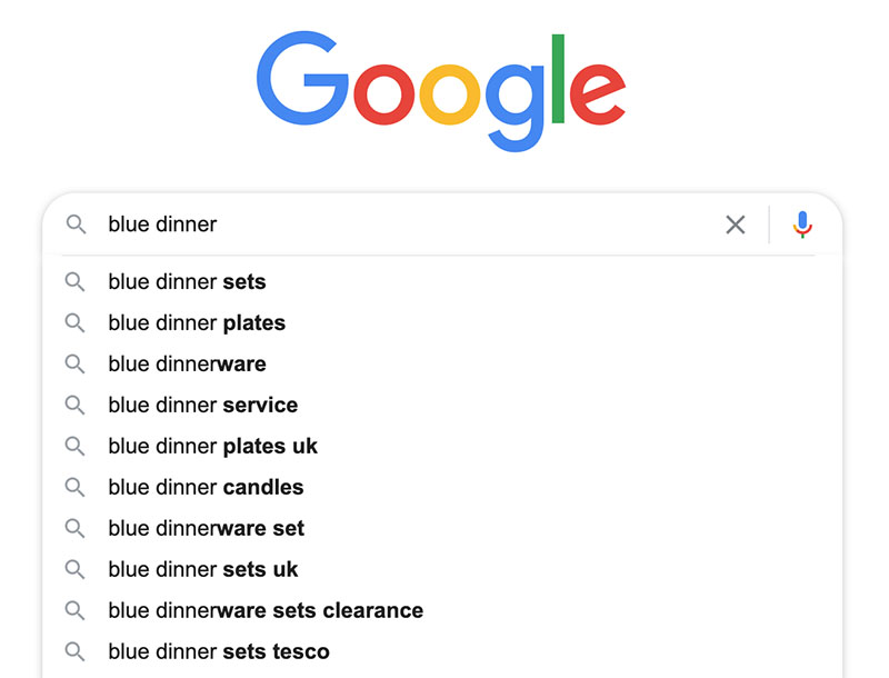 Google Autocomplete search suggestions for blue dinner
