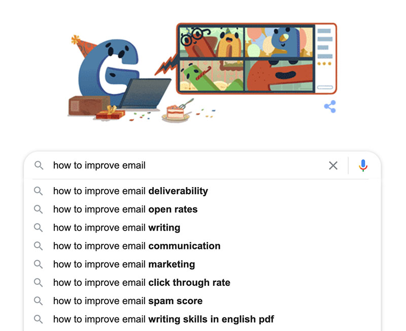 Google Autocomplete search result for how to improve email