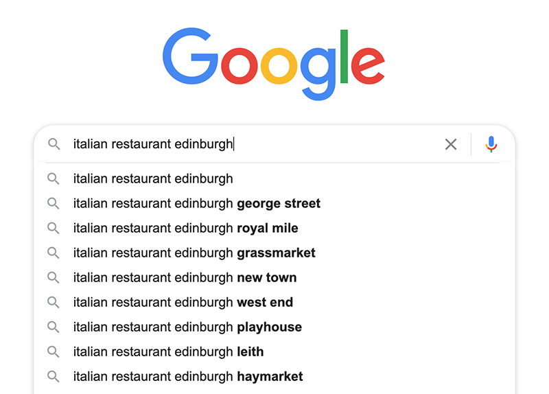 Google Autocomplete search result for italian restaurant edinburgh
